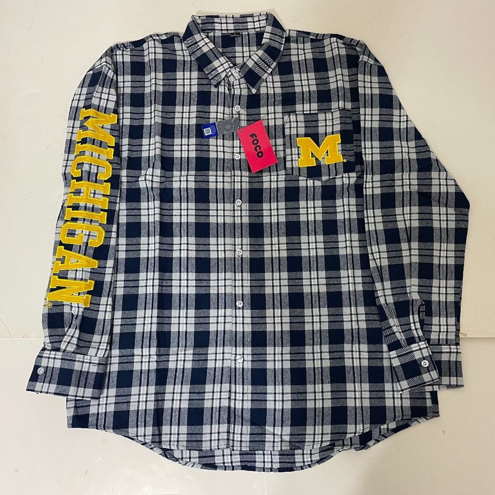 Michigan Wolverines FOCO Mens Flannel Plaid Long Sleeve Button Up Shirt Pocket